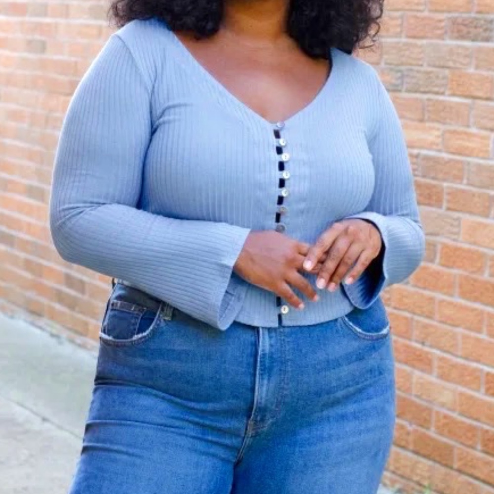 Reformation Ribbed V-Neck Button Front Long Sleeve Top - Light Blue